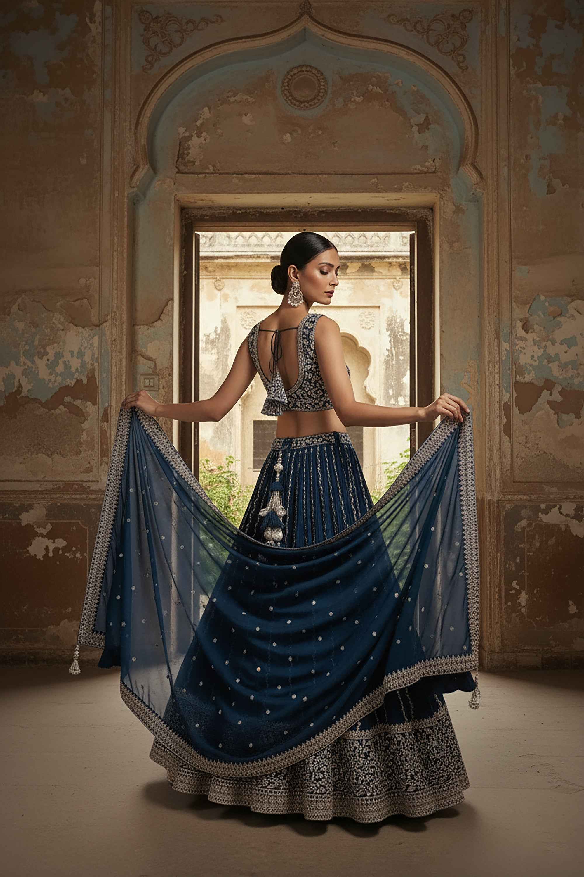 The Majestic Edit: Indian Designer Petrol Blue Lehenga Choli with Handwork