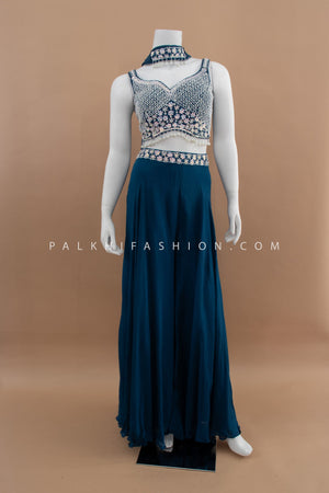 The Majestic Edit: Teal Blue Crop Top Palazzo Set with Handwork – Palkhi Fashion