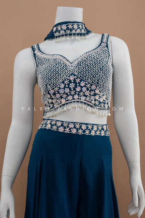 The Majestic Edit: Teal Blue Crop Top Palazzo Set with Handwork – Palkhi Fashion