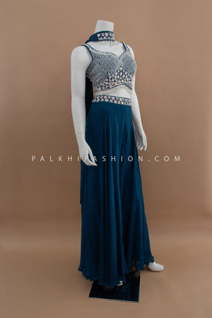 The Majestic Edit: Teal Blue Crop Top Palazzo Set with Handwork – Palkhi Fashion