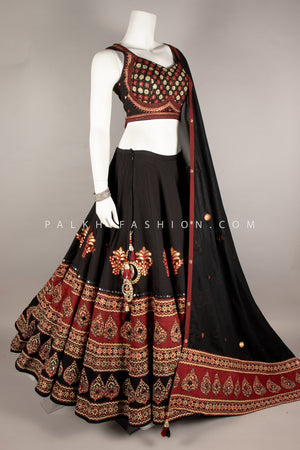Timeless Black Navratri Chaniya Choli Features Ajarakh & aari - Palkhi Fashion