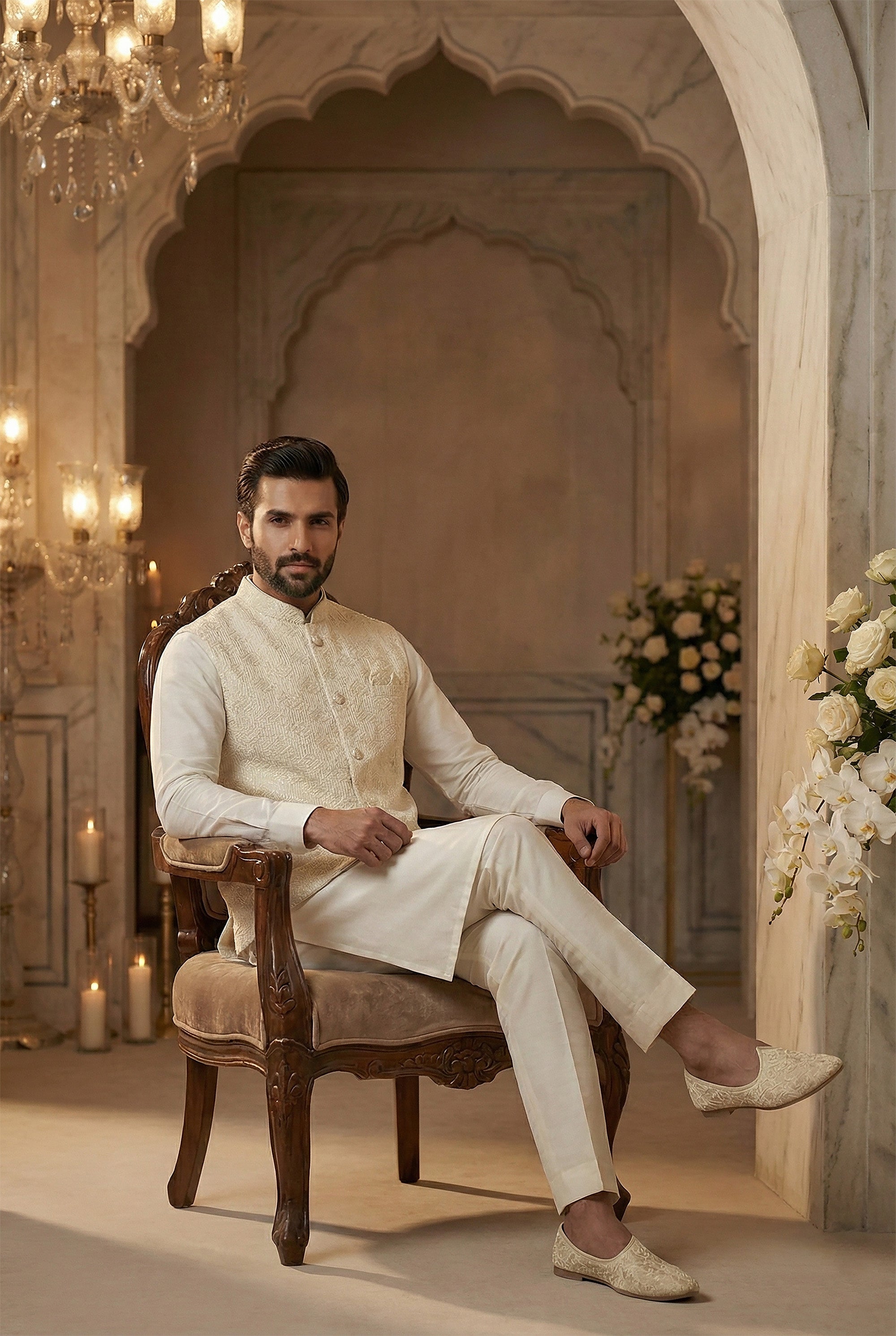 Timeless Royal Classic - White Silk Kurta with Lakhnavi Jacket – Palkhi Fashion