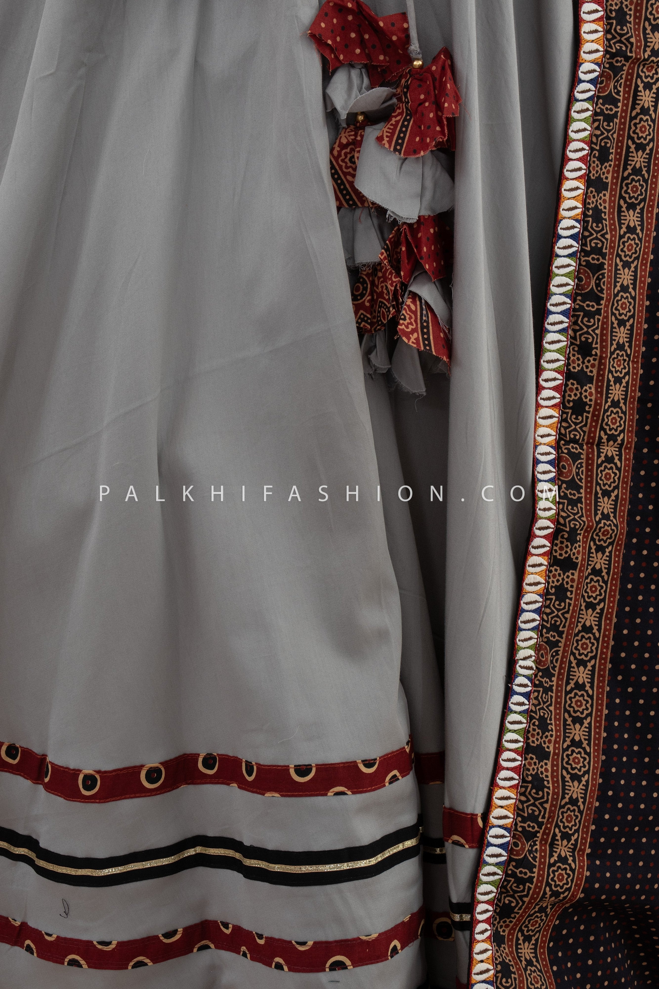 Tradition, Reimagined: Grey Navratri Chaniya Choli with Halter Neck Ajarakh Blouse