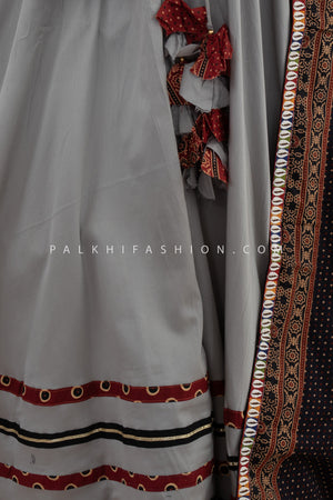 Tradition, Reimagined: Grey Navratri Chaniya Choli with Halter Neck Ajarakh Blouse