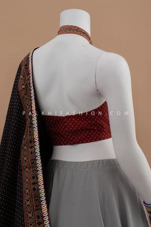 Tradition, Reimagined: Grey Navratri Chaniya Choli with Halter Neck Ajarakh Blouse