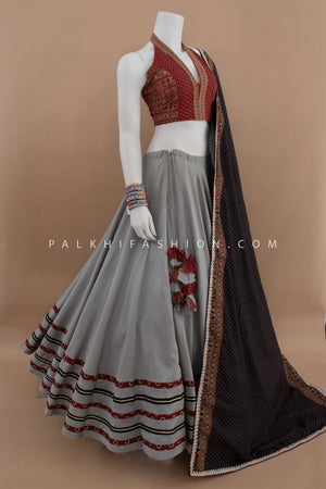 Tradition, Reimagined: Grey Navratri Chaniya Choli with Halter Neck Ajarakh Blouse