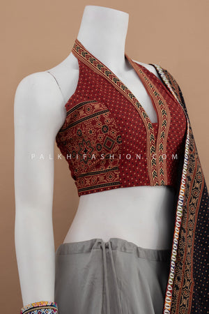 Tradition, Reimagined: Grey Navratri Chaniya Choli with Halter Neck Ajarakh Blouse