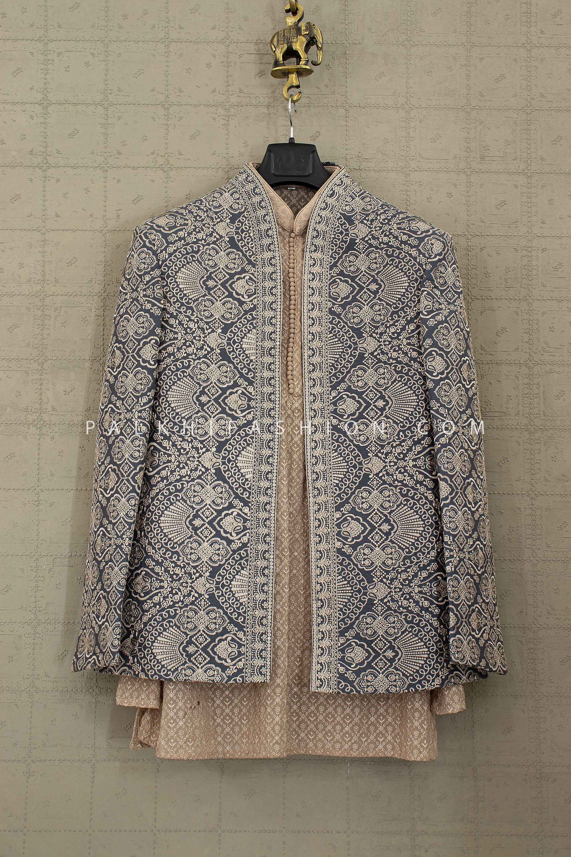 Urban Heirloom — Beige-Moss Designer Indo-Western with Embroidered Jacket | Palkhi Fashion USA