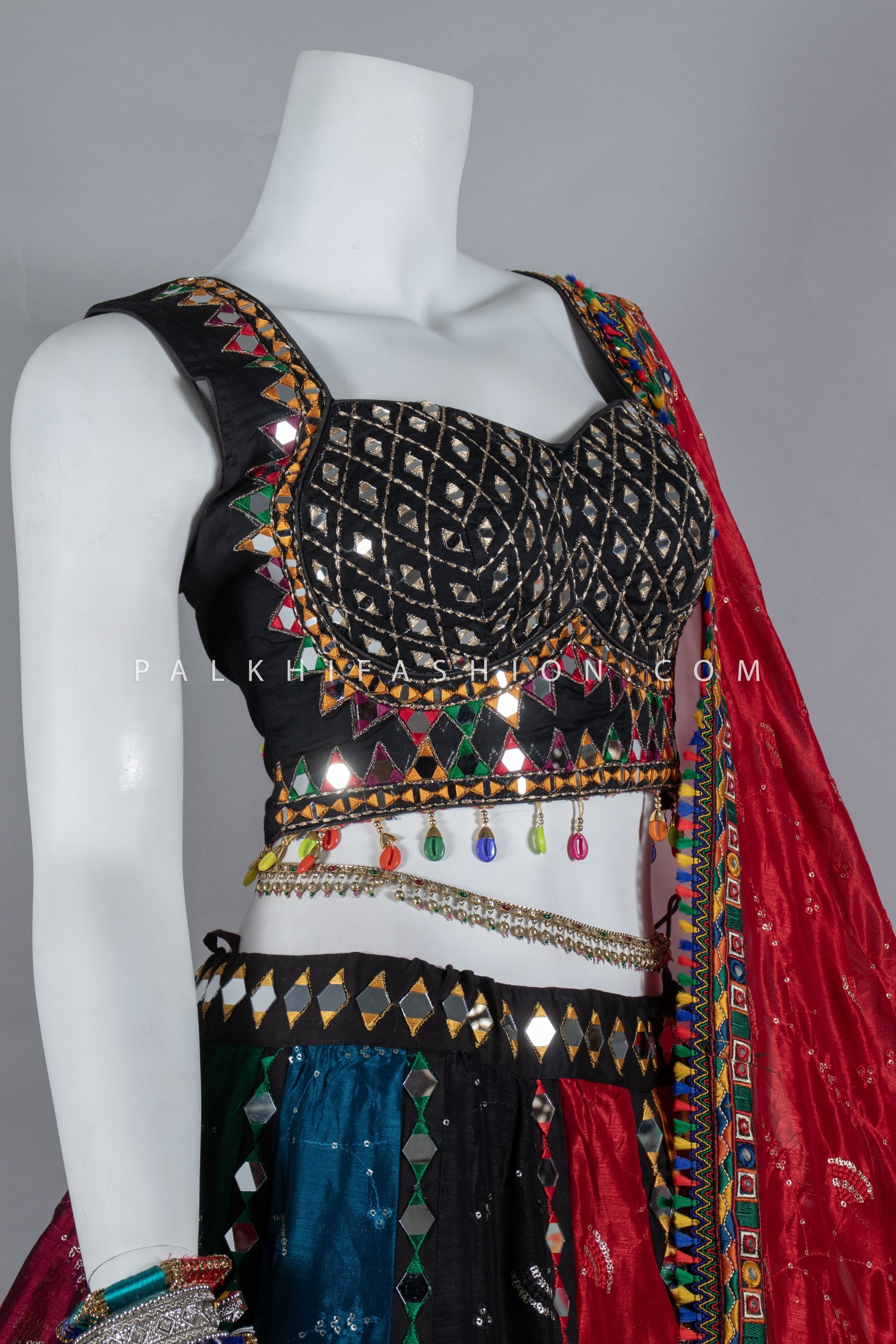 Vibrant Multicolor Chinon Chaniya Choli with Mirror Work– Palkhi Fashion