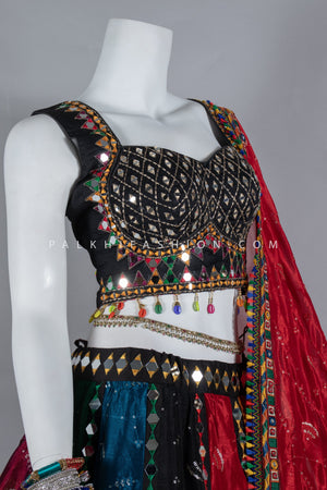 Vibrant Multicolor Chinon Chaniya Choli with Mirror Work– Palkhi Fashion
