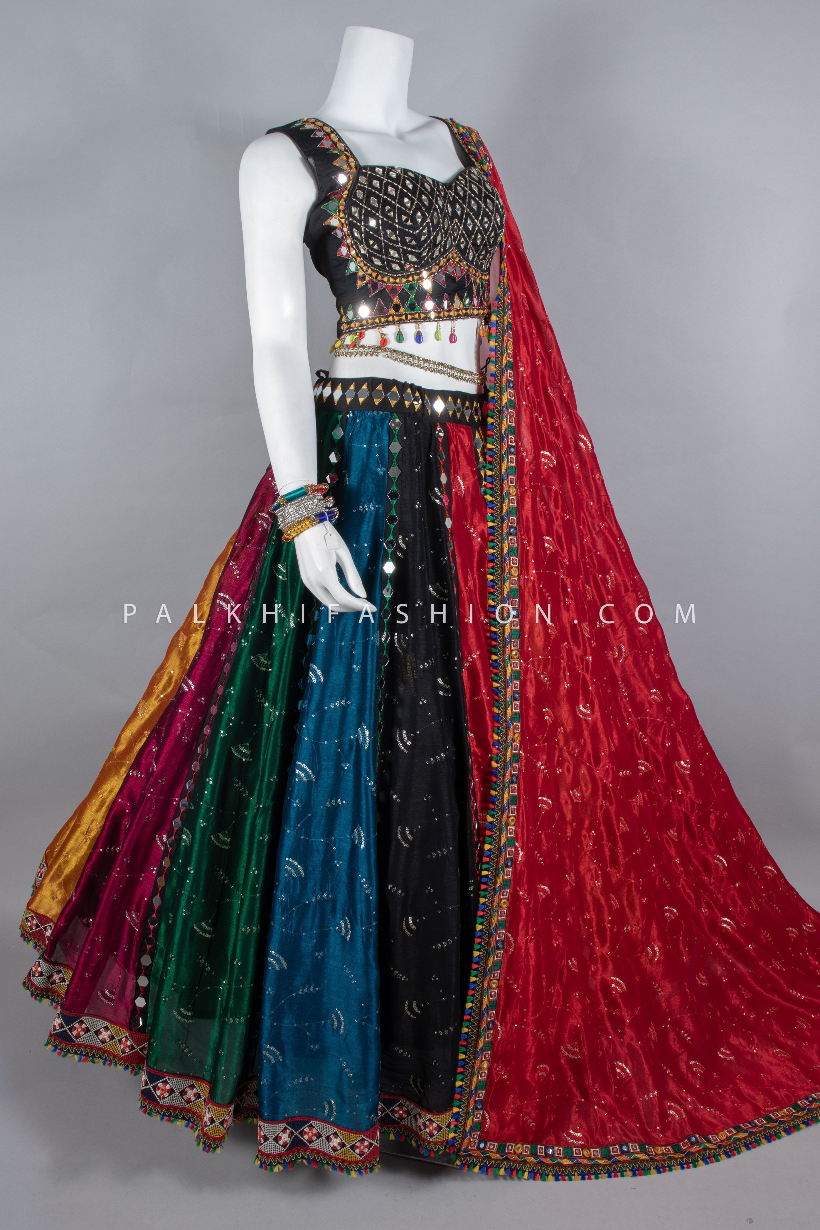 Vibrant Multicolor Chinon Chaniya Choli with Mirror Work– Palkhi Fashion