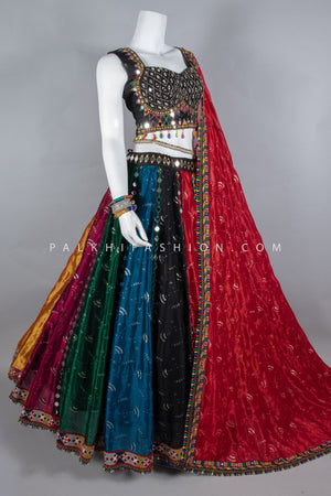 Vibrant Multicolor Chinon Chaniya Choli with Mirror Work– Palkhi Fashion