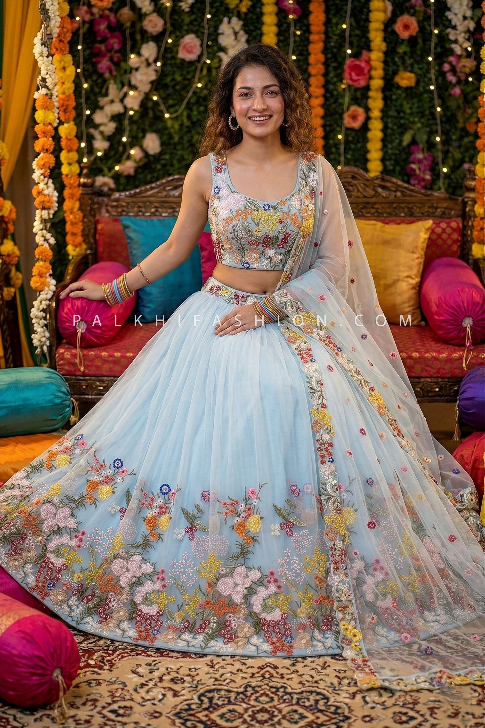 Whimsical Garden Elegance - Powder Blue Floral Embroidered Organza Lehenga – Palkhi Fashion