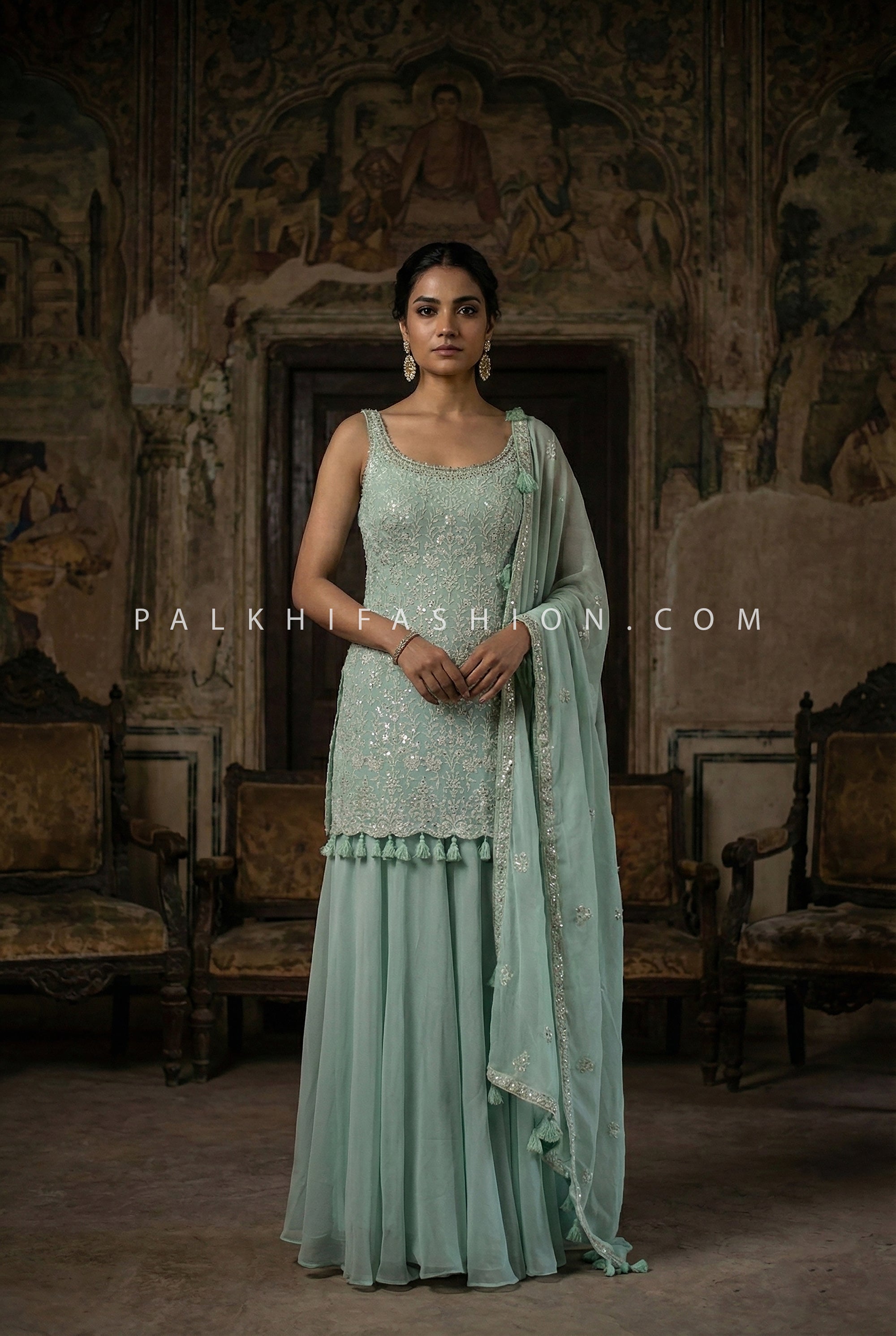Whispering Teal Grace — Lucknowi Chikankari Georgette Palazzo Outfit | Palkhi Fashion
