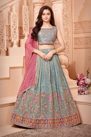 💫 Whispers of Royalty: Sage Green Silk Girls Designer Lehenga Choli With Handwork