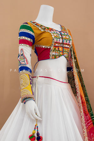White Multicolor Chaniya Choli with Kutchi & Mirror Work – Palkhi Fashion