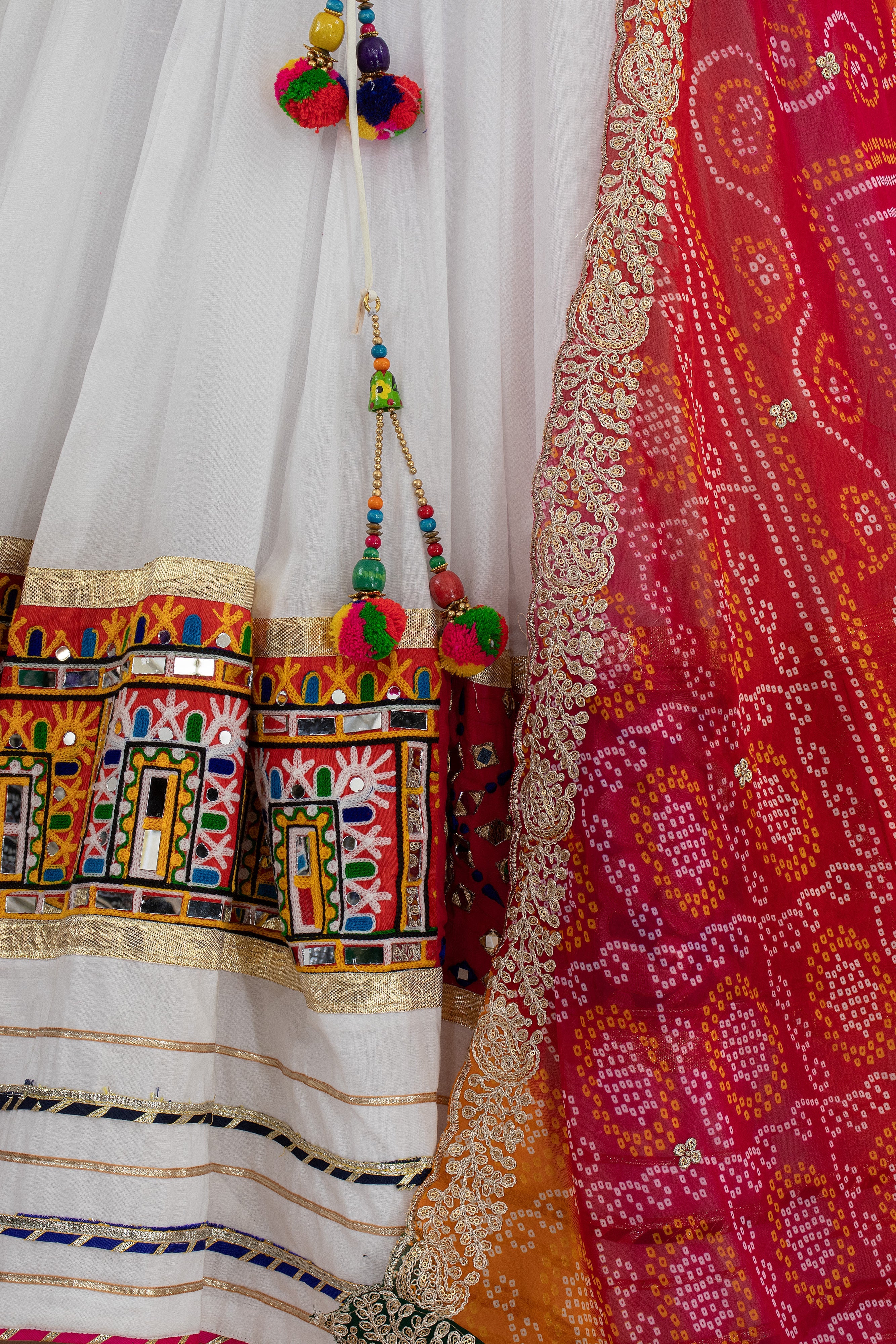 White Multicolor Chaniya Choli with Kutchi & Mirror Work – Palkhi Fashion