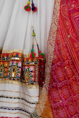 White Multicolor Chaniya Choli with Kutchi & Mirror Work – Palkhi Fashion
