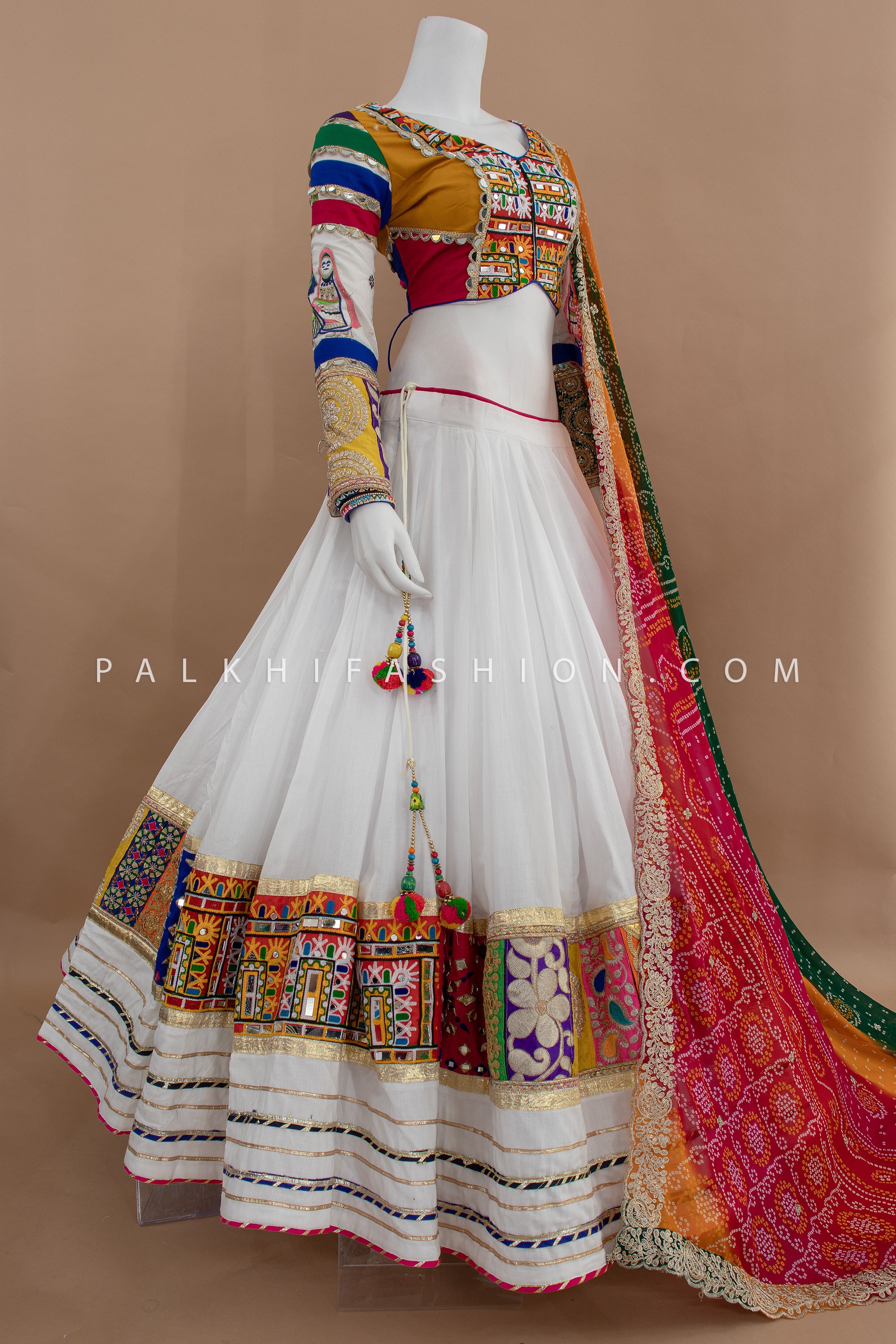 White Multicolor Chaniya Choli with Kutchi & Mirror Work – Palkhi Fashion
