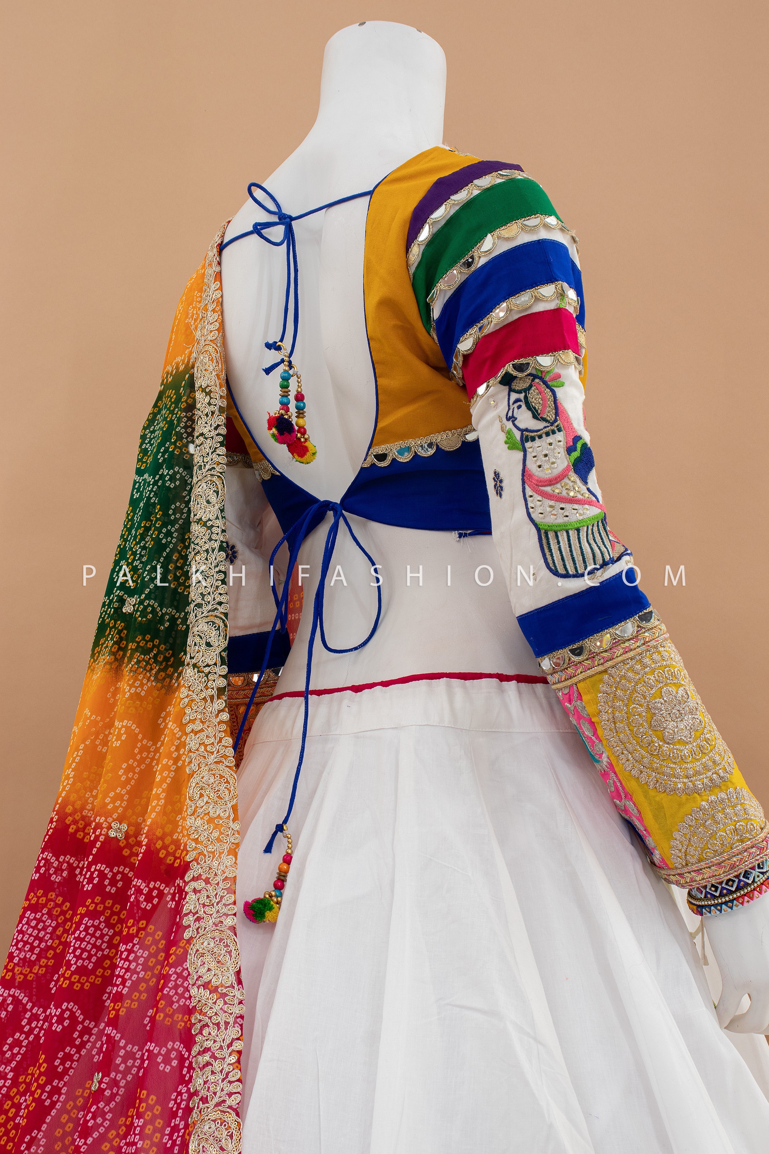 White Multicolor Chaniya Choli with Kutchi & Mirror Work – Palkhi Fashion