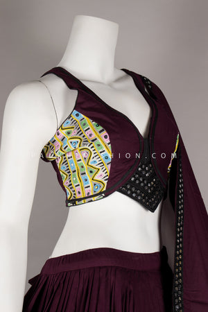 Wine Navratri Chaniya Choli with Mirror & Kasab Work – Palkhi Fashion
