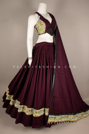 Wine Navratri Chaniya Choli with Mirror & Kasab Work – Palkhi Fashion