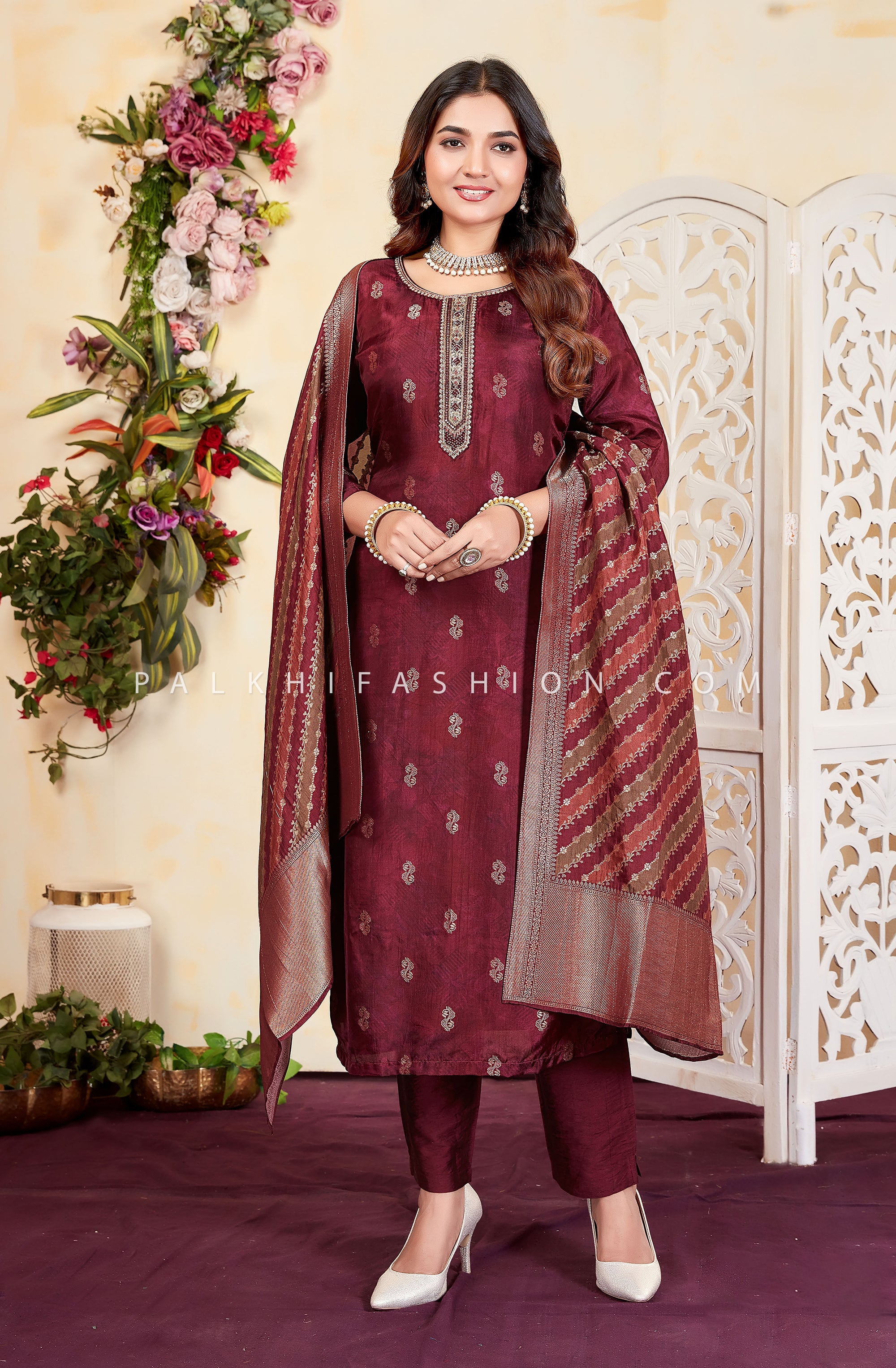 Wine Straight Suit with Pure Silk Embroidered Dupatta ā Palkhi Fashion
