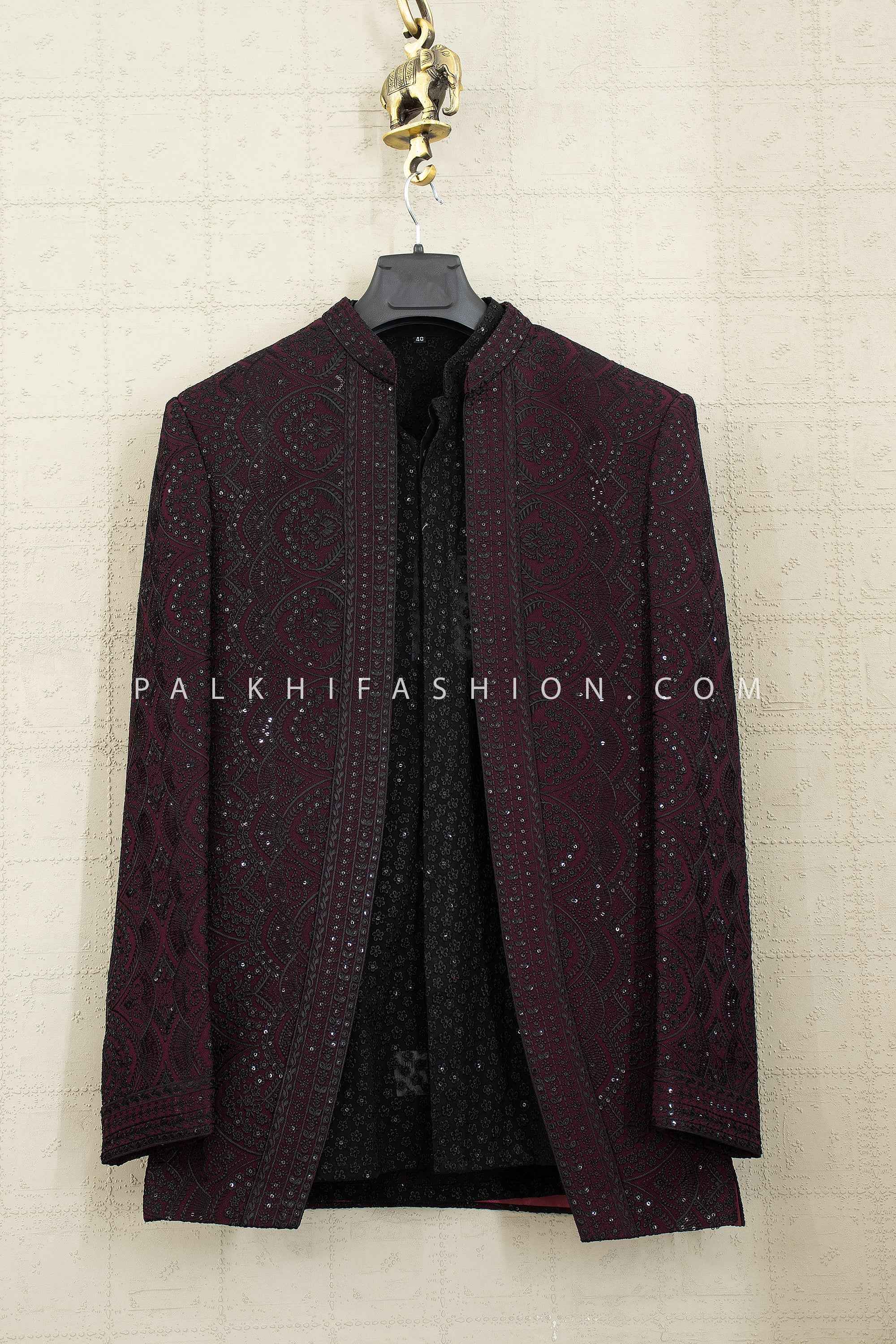 Wine Thread Embroidered Open Jacket Indo-Western Set | Palkhi Fashion Houston