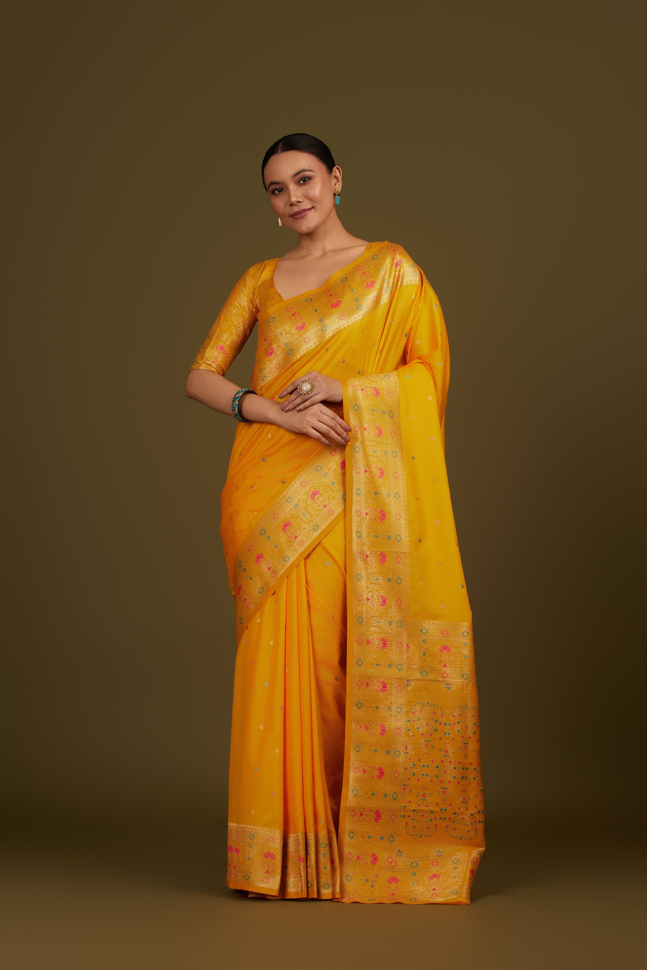 Yellow Banarasi Silk Saree with Woven Motifs & Border – Palkhi Fashion