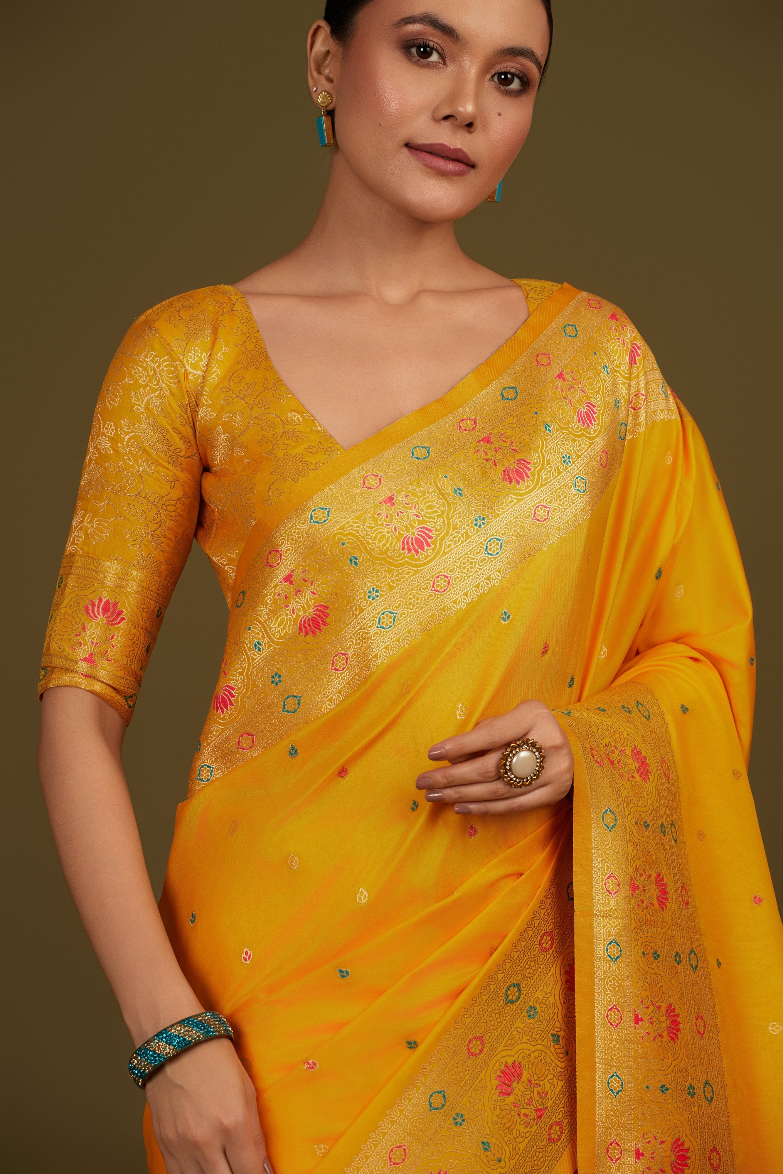 Yellow Banarasi Silk Saree with Woven Motifs & Border – Palkhi Fashion