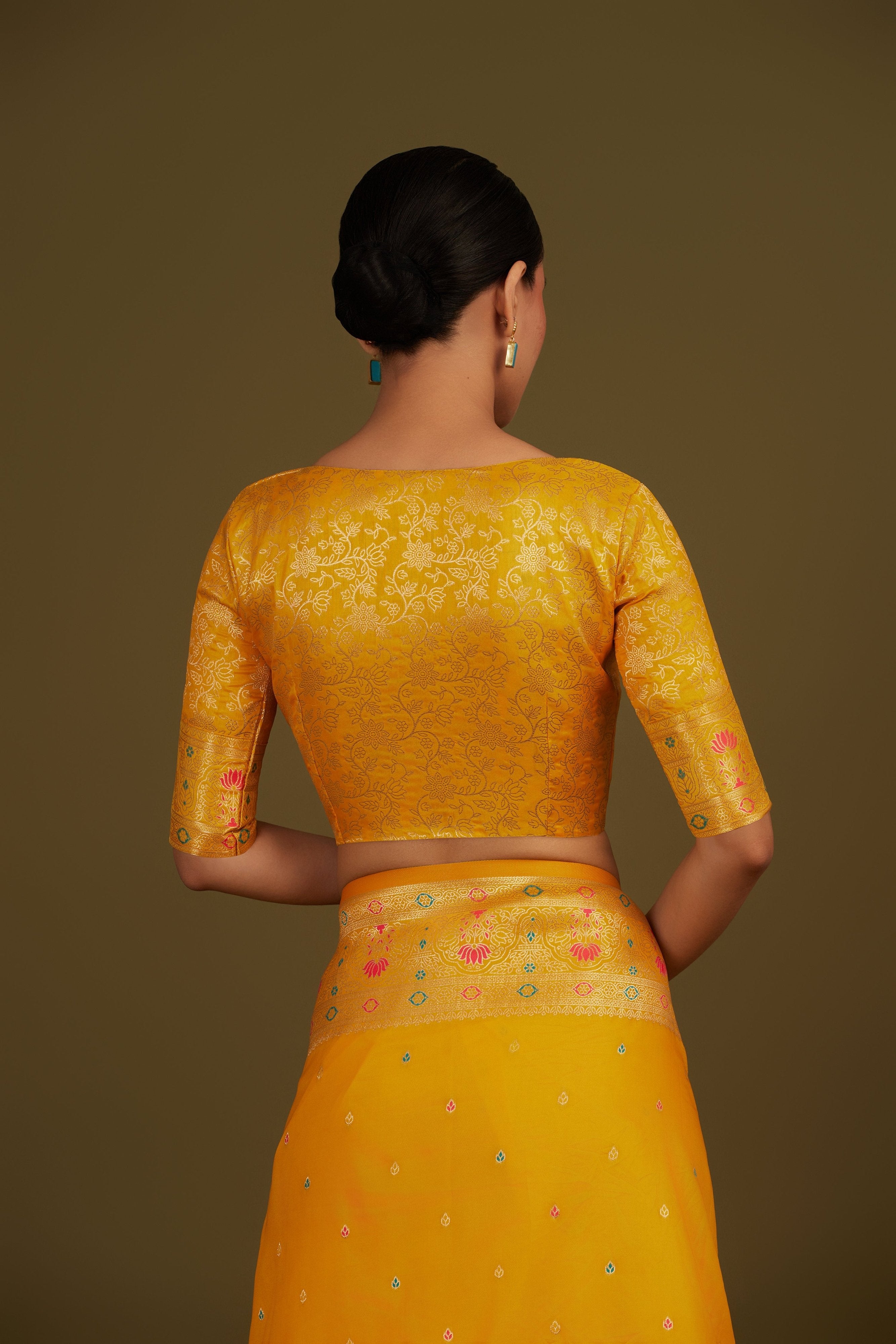 Yellow Banarasi Silk Saree with Woven Motifs & Border – Palkhi Fashion
