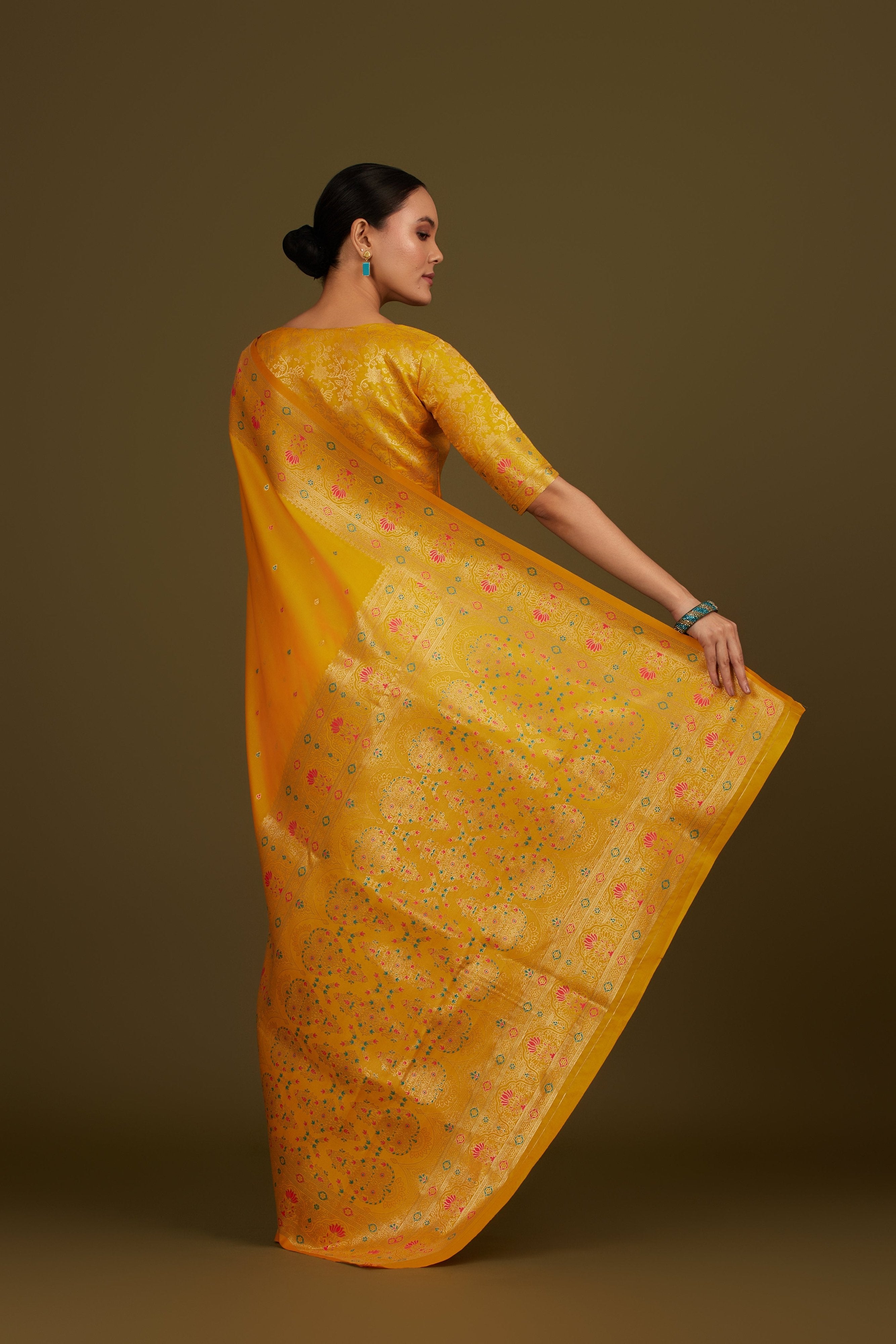 Yellow Banarasi Silk Saree with Woven Motifs & Border – Palkhi Fashion