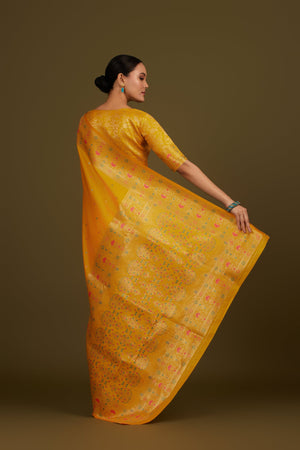Yellow Banarasi Silk Saree with Woven Motifs & Border – Palkhi Fashion