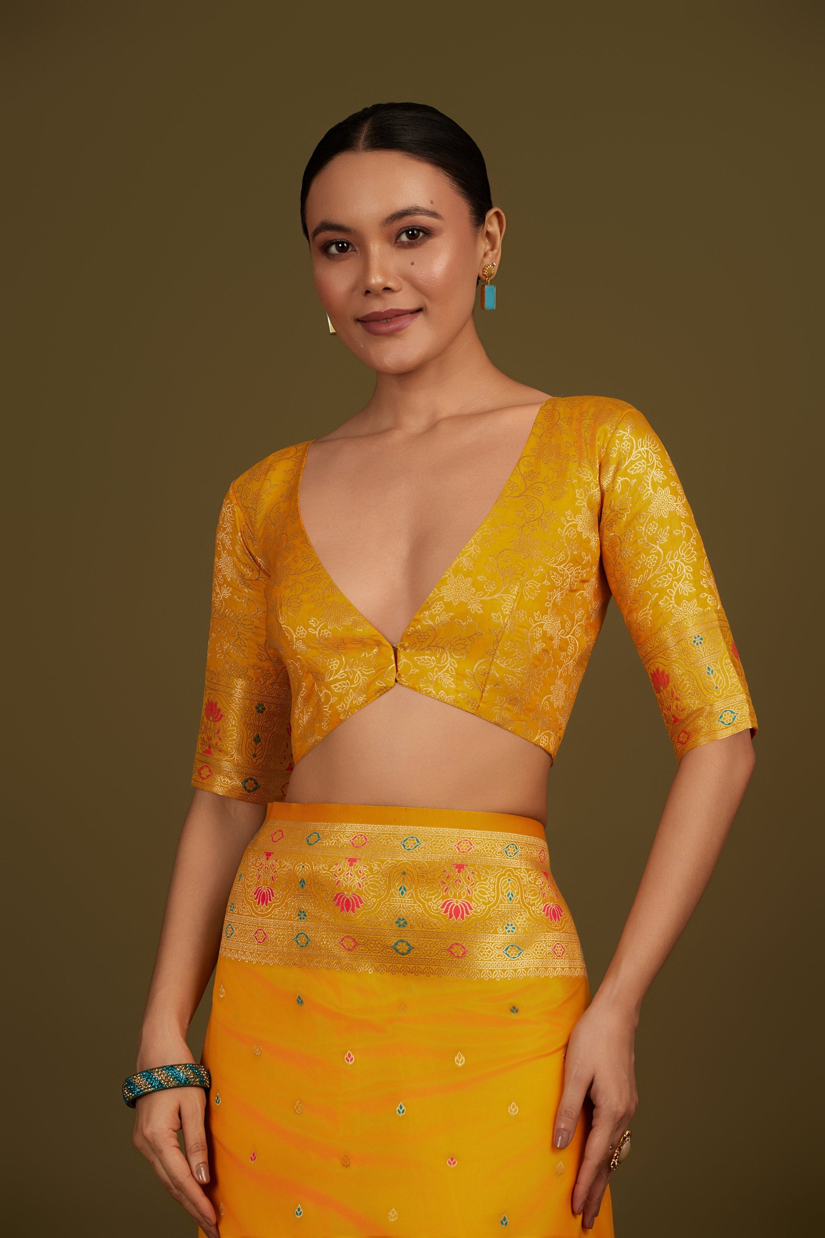 Yellow Banarasi Silk Saree with Woven Motifs & Border – Palkhi Fashion
