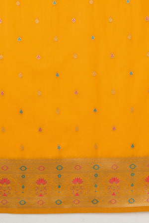 Yellow Banarasi Silk Saree with Woven Motifs & Border – Palkhi Fashion