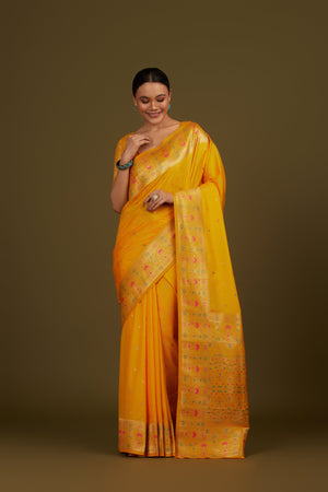 Yellow Banarasi Silk Saree with Woven Motifs & Border – Palkhi Fashion