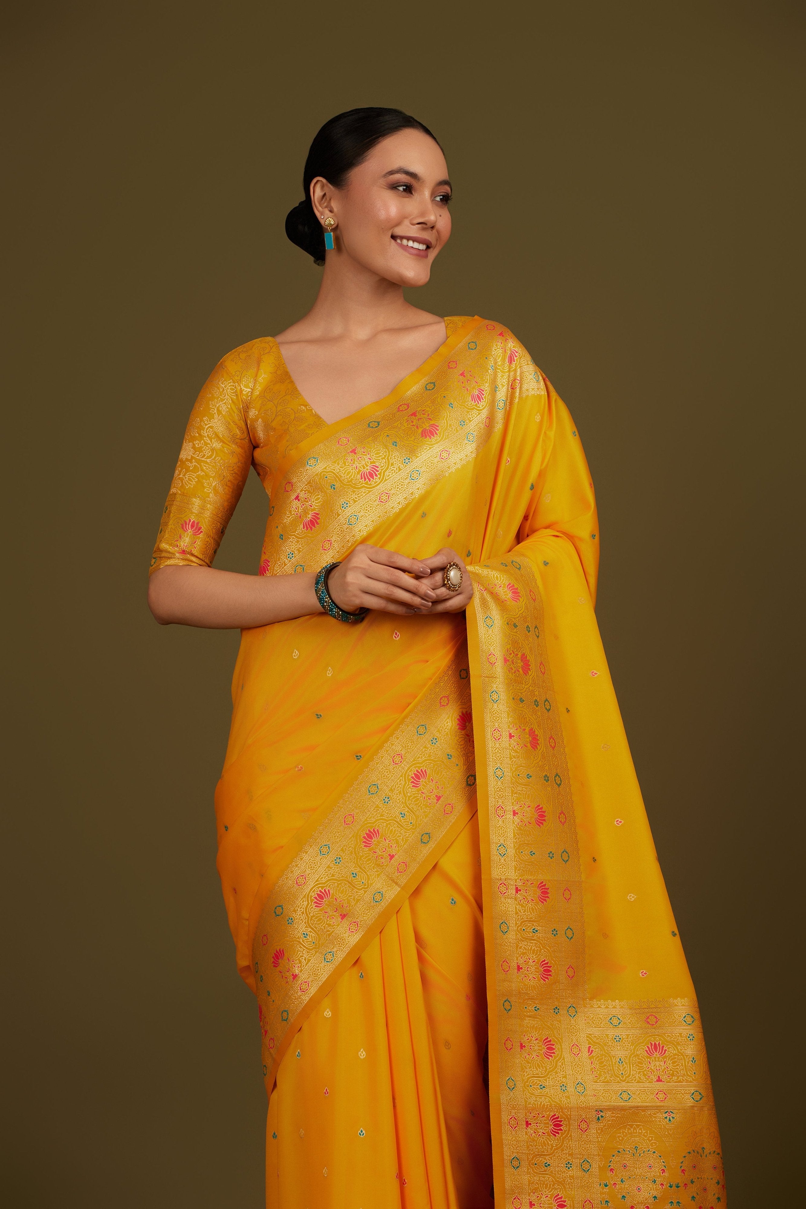 Yellow Banarasi Silk Saree with Woven Motifs & Border – Palkhi Fashion