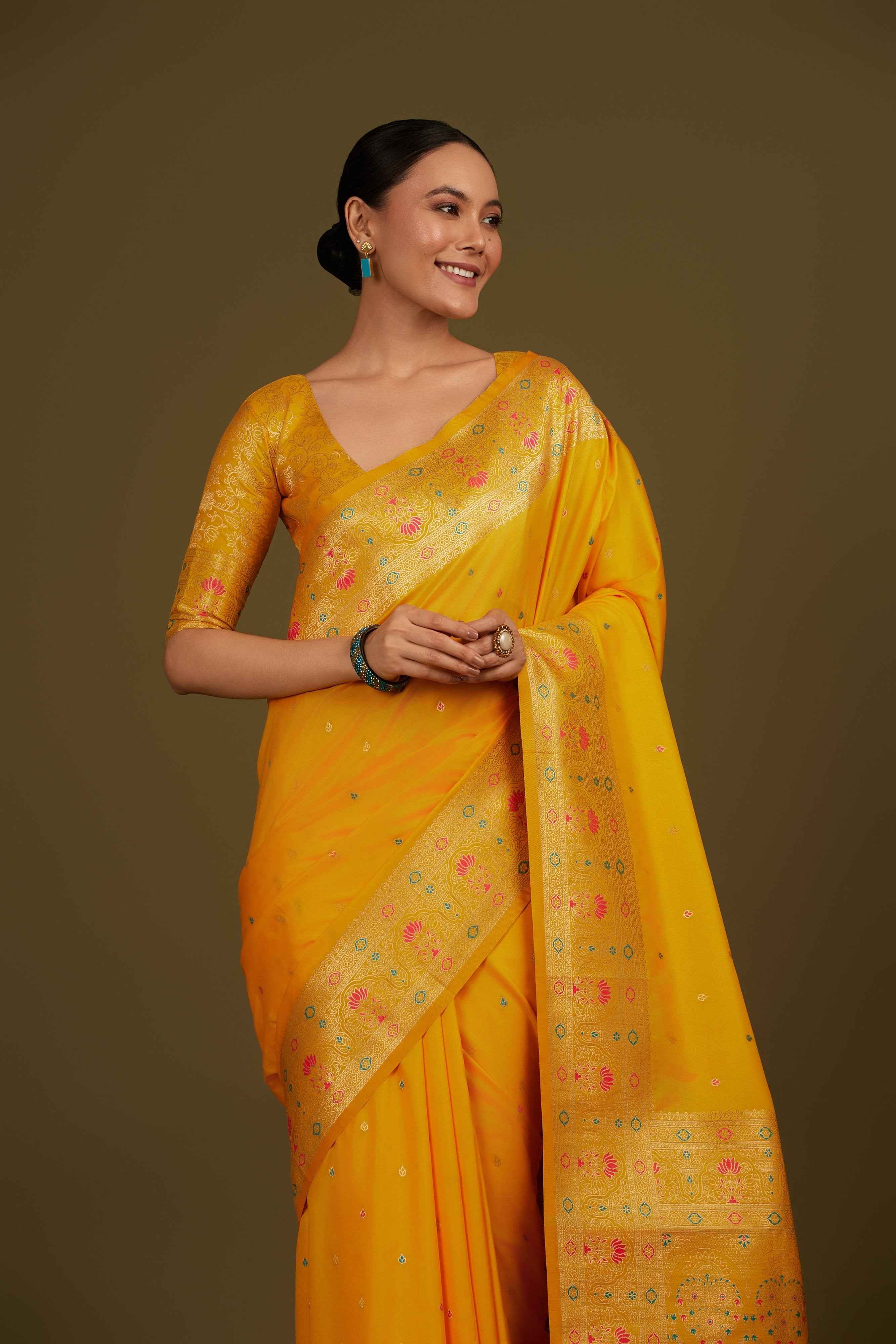 Yellow Banarasi Silk Saree with Woven Motifs & Border – Palkhi Fashion