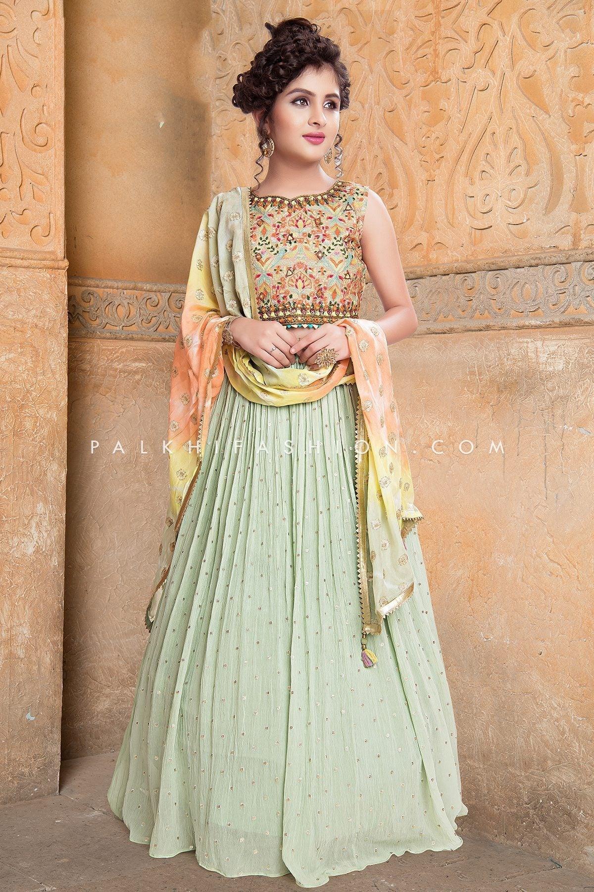 Pastel Green Girls Lehenga Choli With Shibori Dupatta