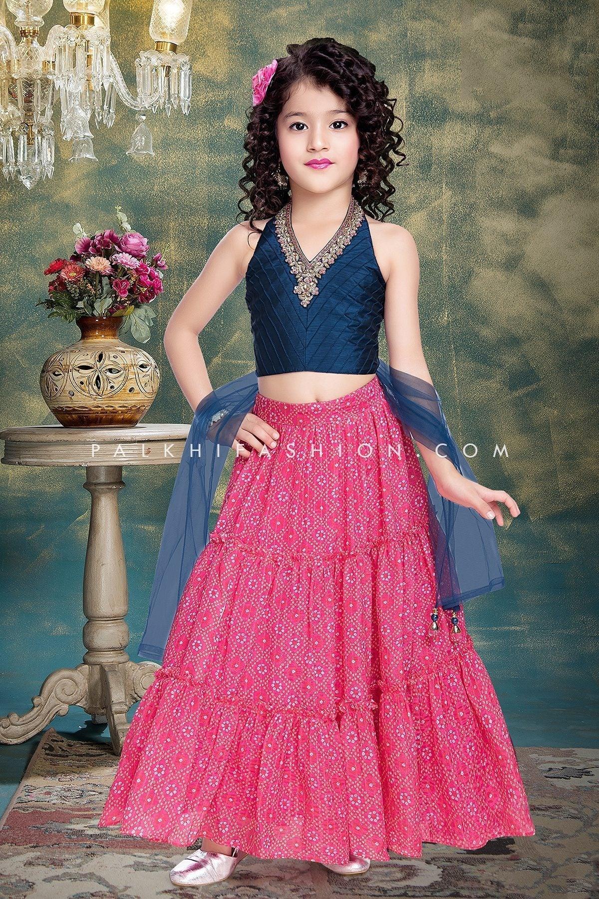Pink/Blue Girls Lehenga Choli With Bandhani Work