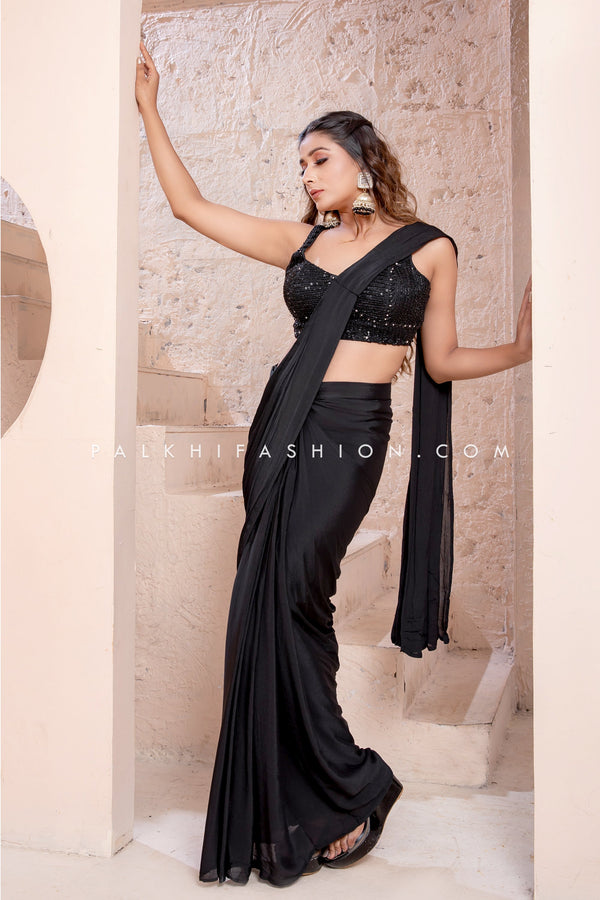 Bold & Beautiful Black Ready To Wear Saree With Stone Work Blouse - Palkhi Fashion