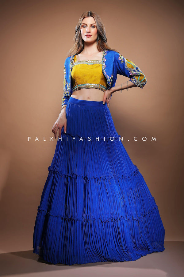 Designer Royal Blue Jacket Lehenga Choli With Handwork - Palkhi Fashion