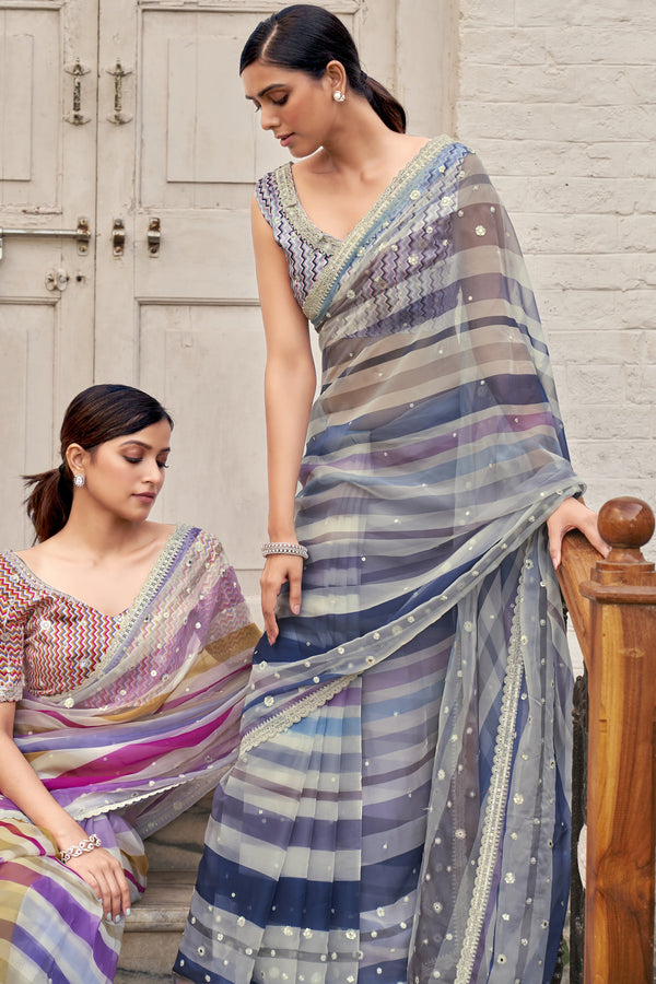 Elegant Grey/Blue Soft Organza Saree With Embroidery Work - Palkhi Fashion