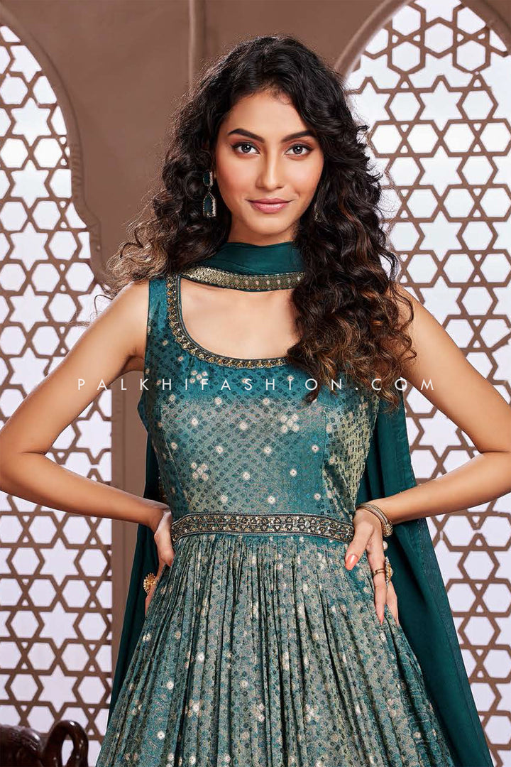 Elegant Teal Green Soft Silk Indian Outfit With Bandhani Work - Palkhi Fashion
