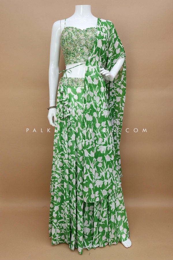 Green Crop Top And Palazzo Suit With One Shoulder Cape - Palkhi Fashion