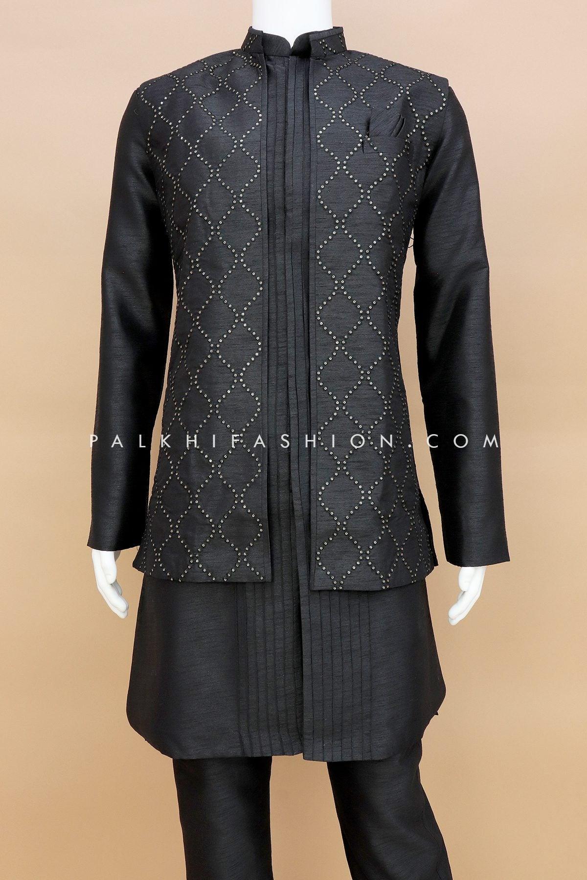 Stunning Black Mens Jacket Kurta With Sequin Work – Palkhi Fashion