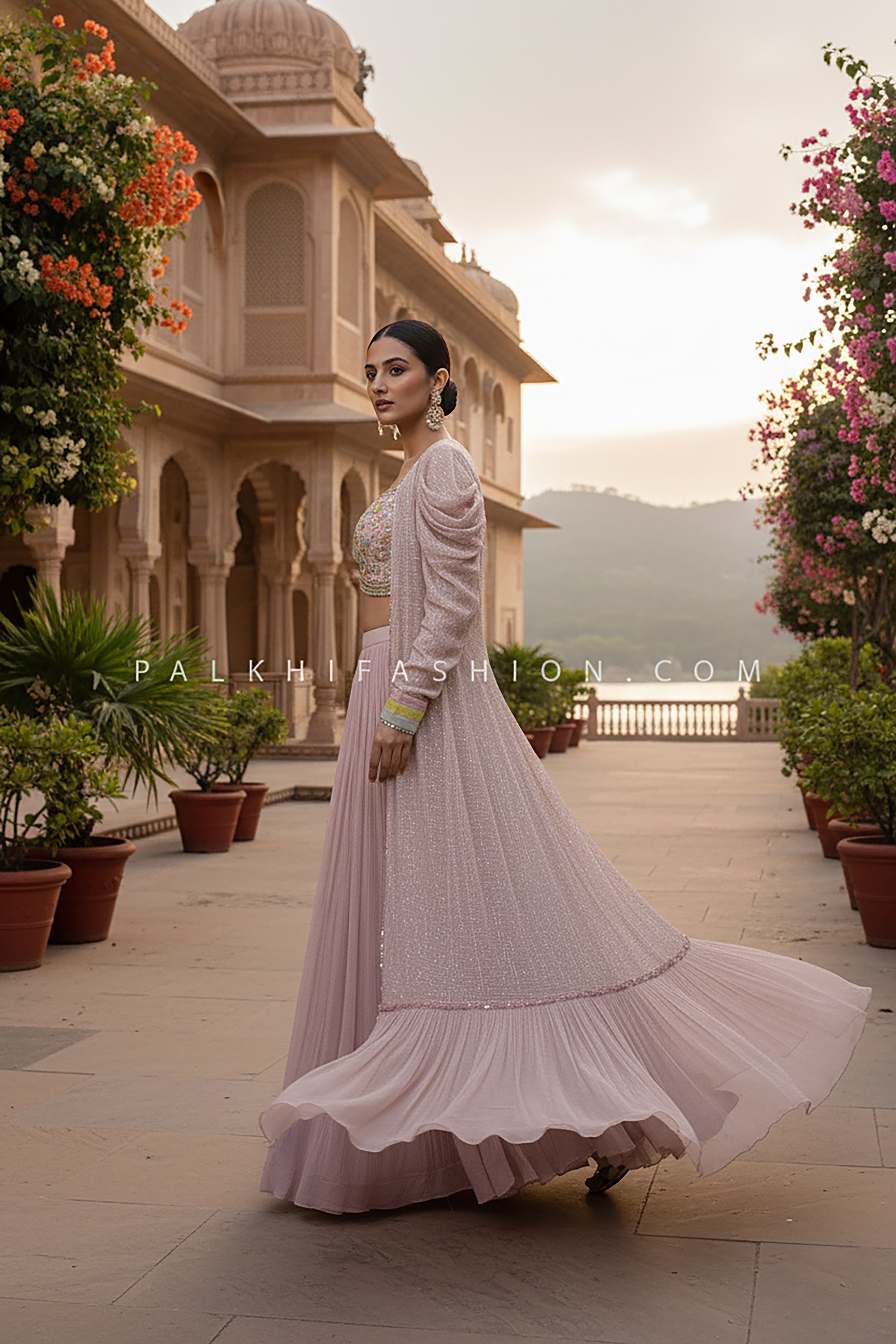 Soft Glam in Motion: Designer Georgette Palazzo Set & Crop Top in Mauve