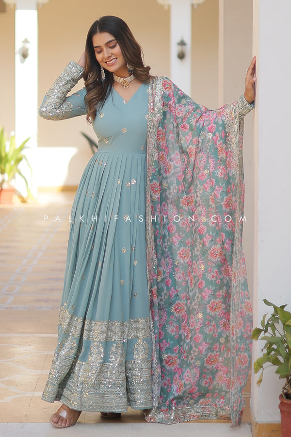 Attractive Embroidery Work Outfit With Floral Dupatta