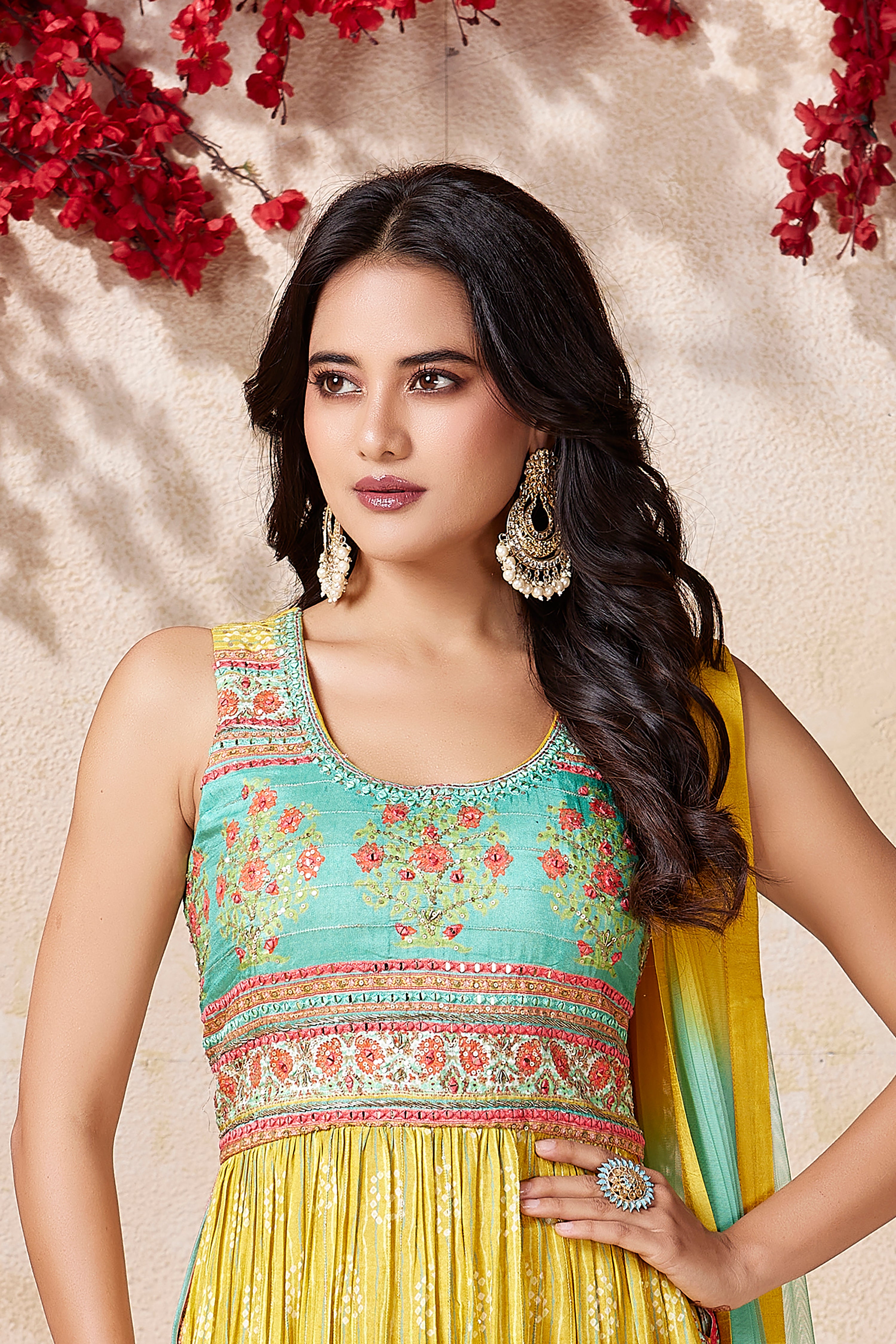 Elegant Yellow/Teal Naira Cut Palazzo Set | Palkhi Fashion