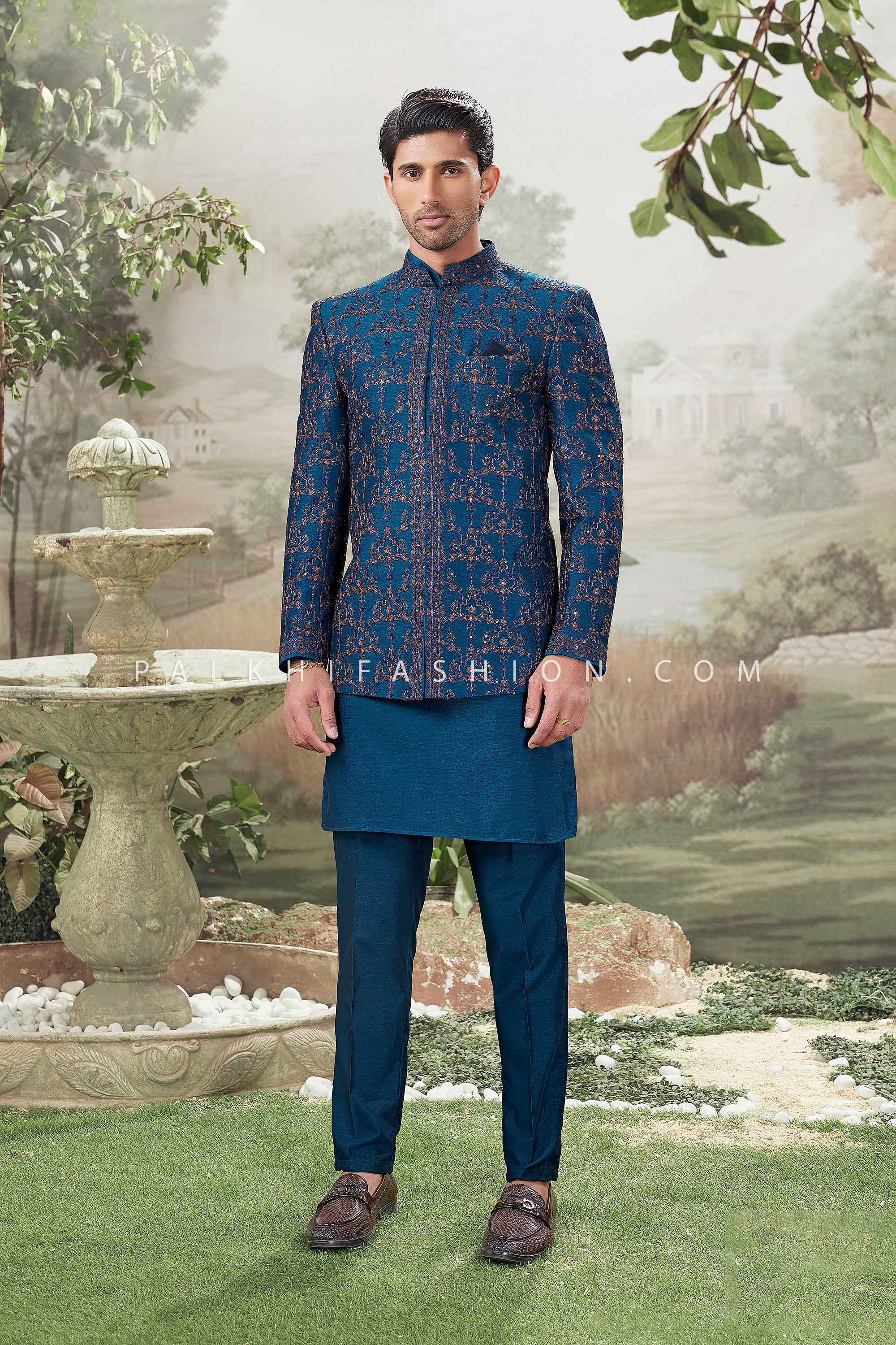 Teal Jacket Kurta Set Men